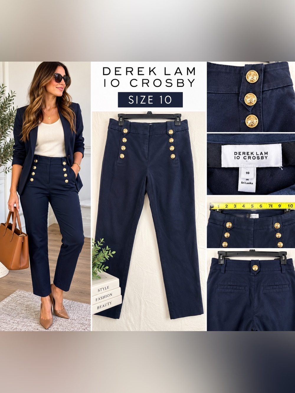 Derek Lam 10 Crosby Navy Blue Gold Button High Rise Ankle Pants Size 10